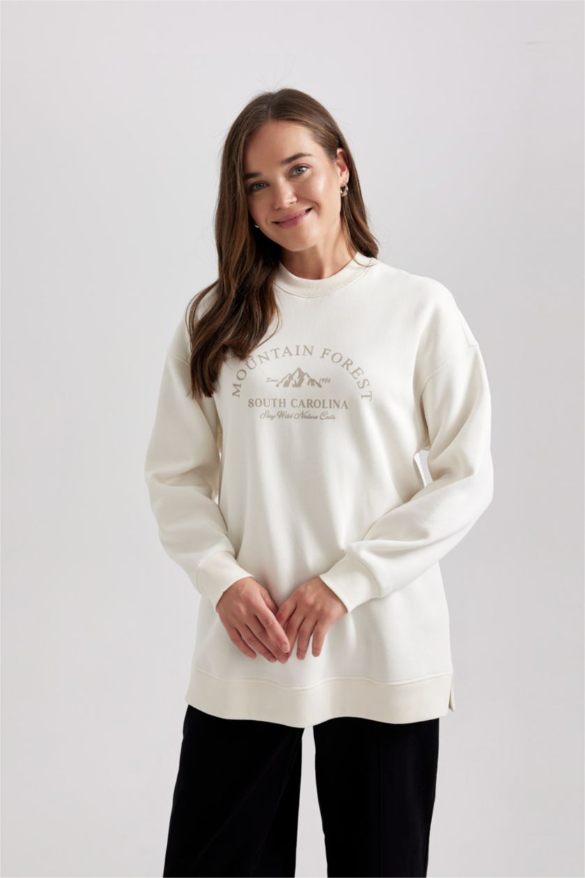 FEMME Écru Sweat-Shirt Coupe Régulière à Capuche Col Rond Épais Imprimé