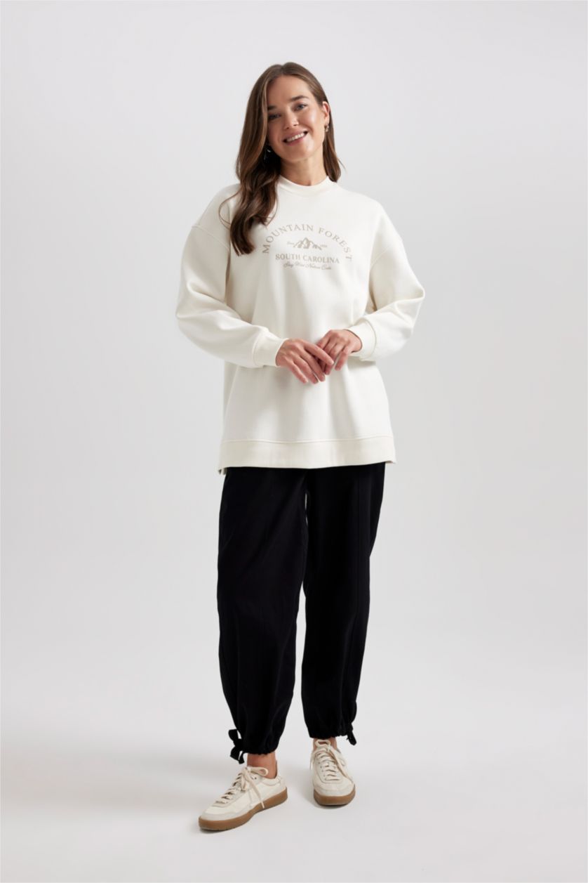 FEMME Écru Sweat-Shirt Coupe Régulière à Capuche Col Rond Épais Imprimé