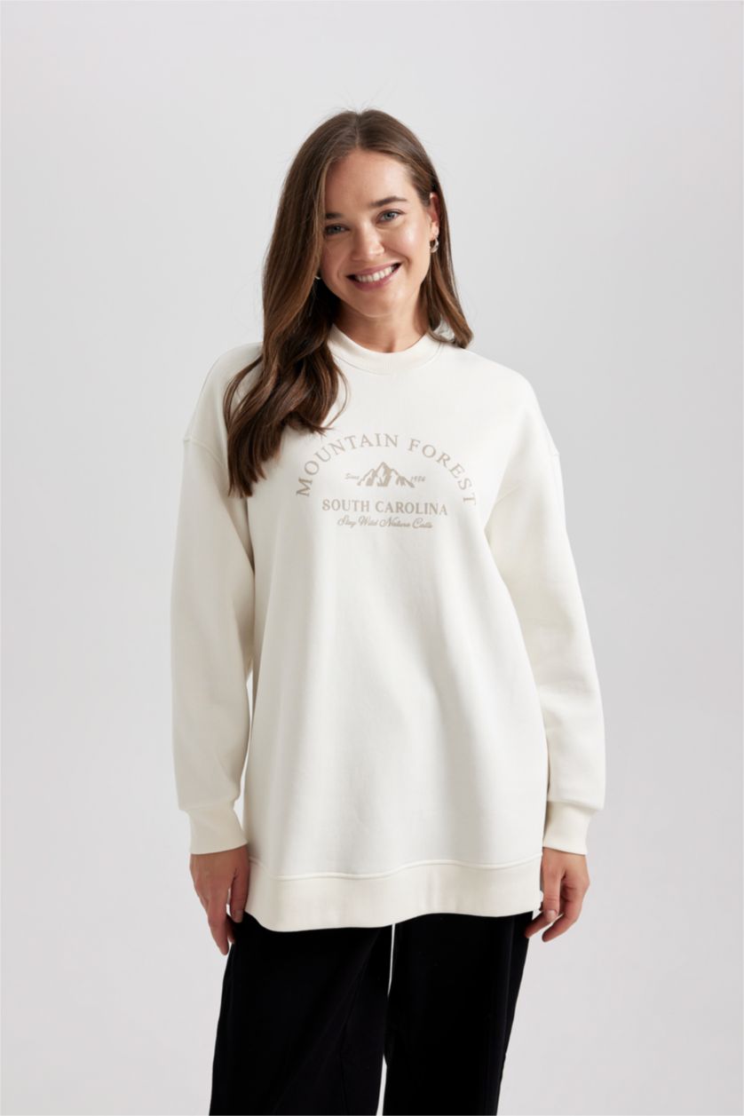 FEMME Écru Sweat-Shirt Coupe Régulière à Capuche Col Rond Épais Imprimé