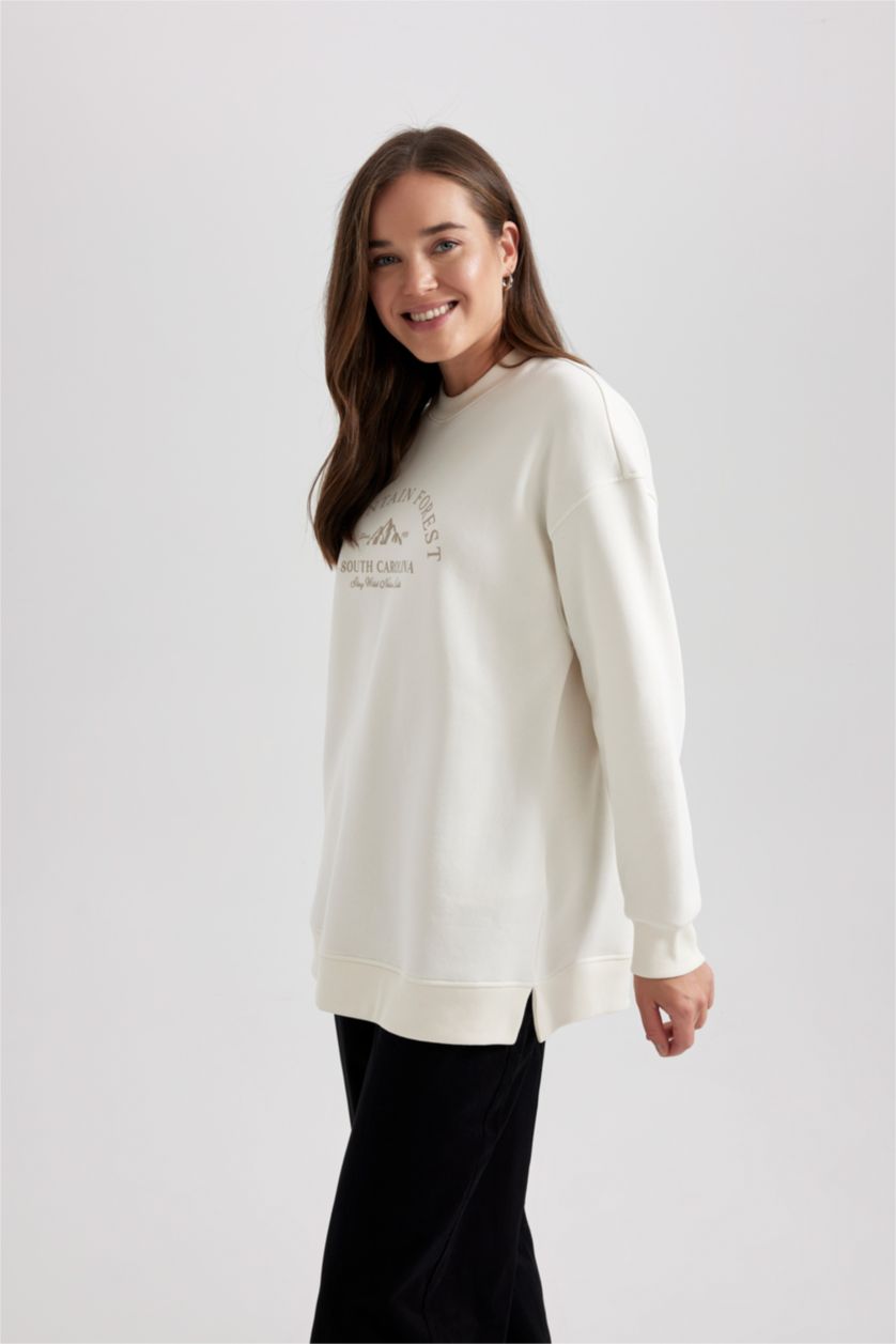 FEMME Écru Sweat-Shirt Coupe Régulière à Capuche Col Rond Épais Imprimé