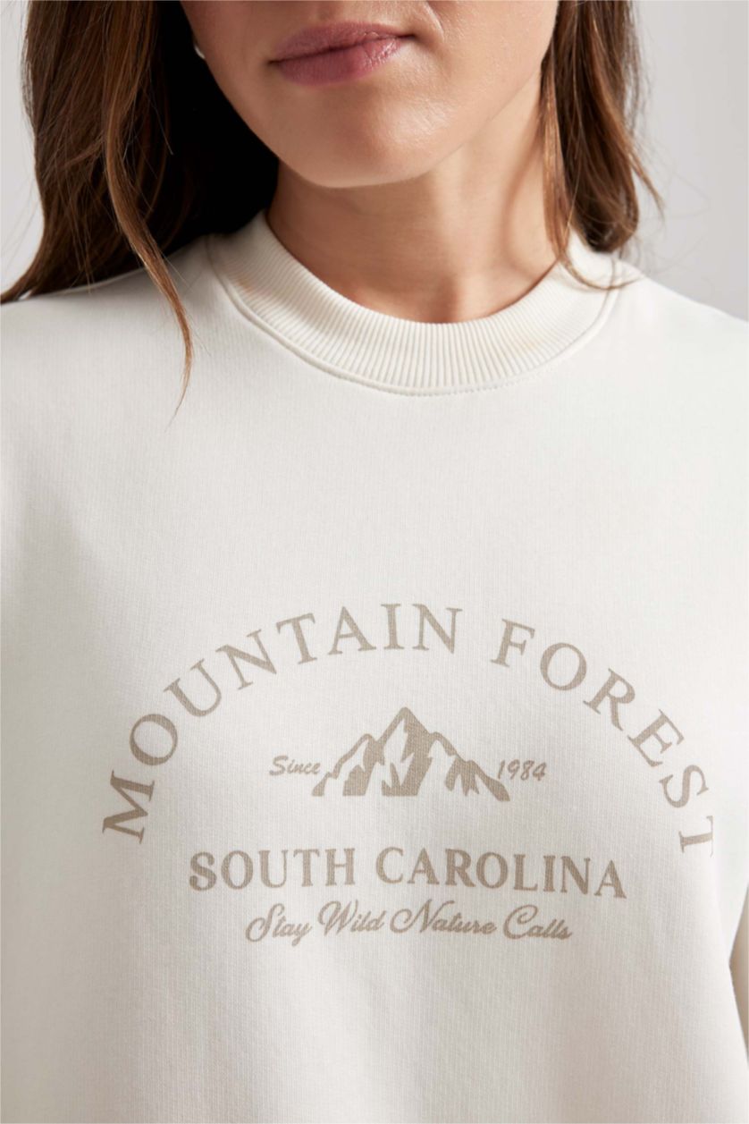 FEMME Écru Sweat-Shirt Coupe Régulière à Capuche Col Rond Épais Imprimé