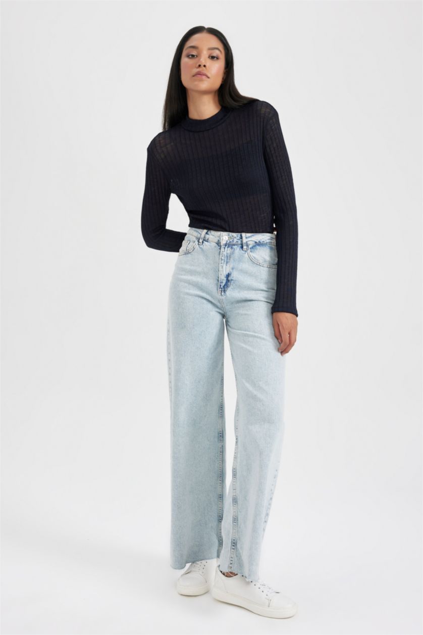 نساء كحلي تي شيرت كم طويل سليم فيت بنص رقبة مدورة