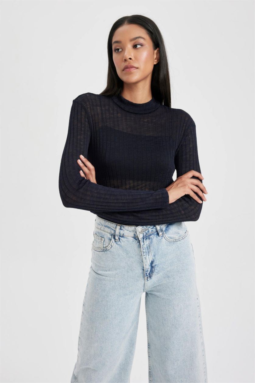 نساء كحلي تي شيرت كم طويل سليم فيت بنص رقبة مدورة