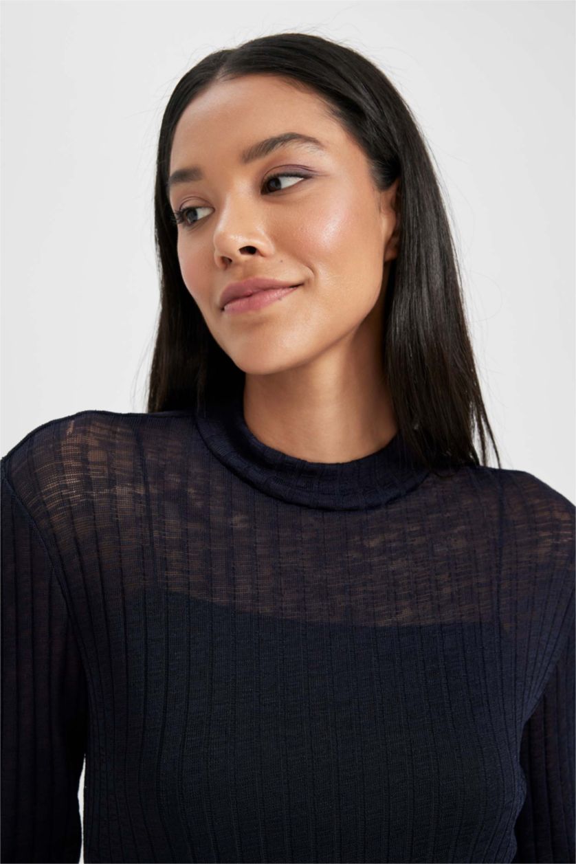 نساء كحلي تي شيرت كم طويل سليم فيت بنص رقبة مدورة