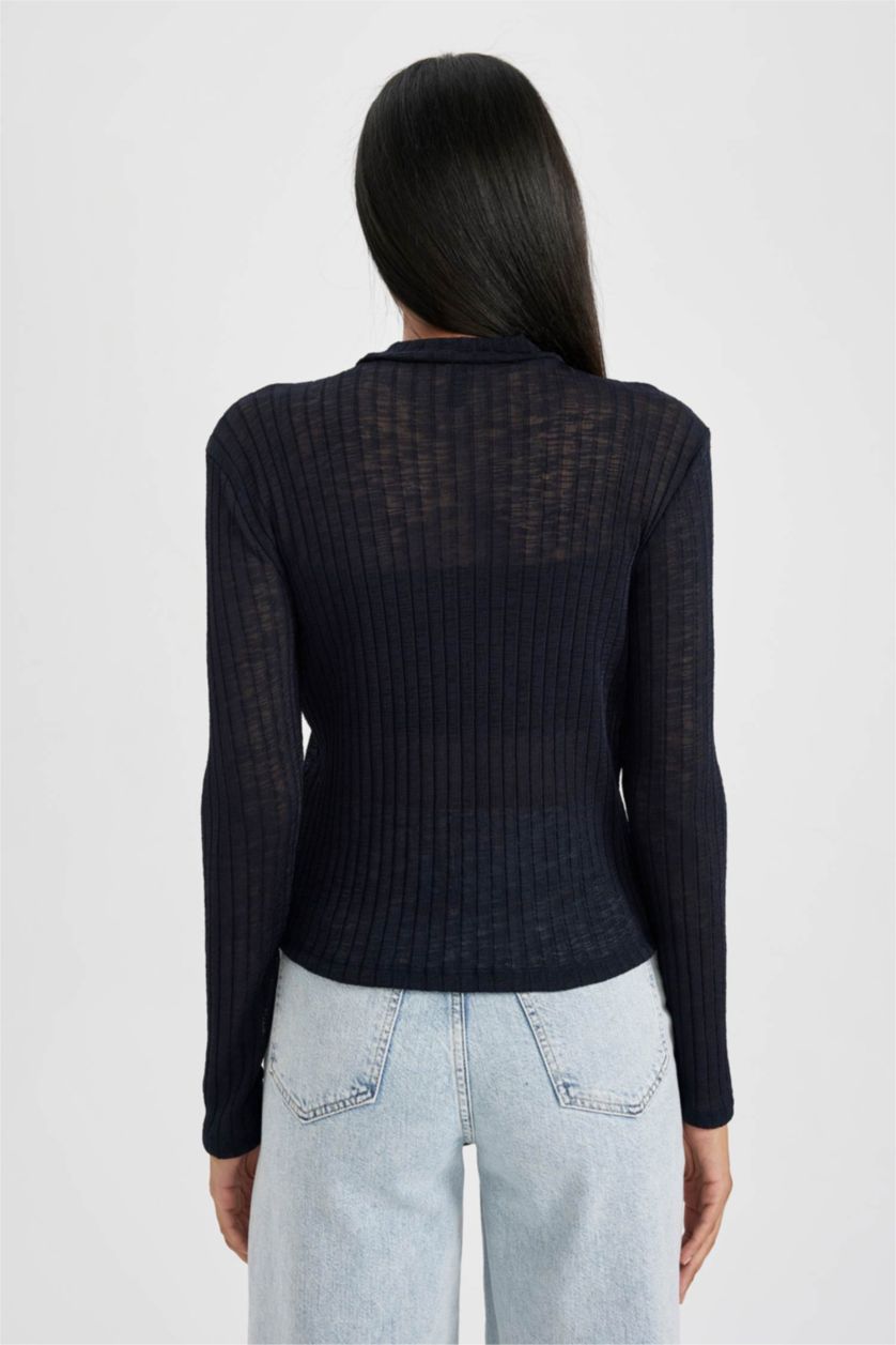 نساء كحلي تي شيرت كم طويل سليم فيت بنص رقبة مدورة