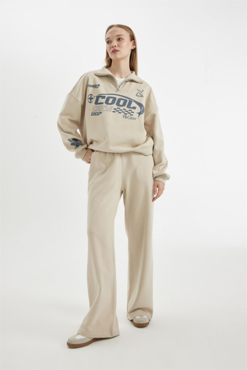 Kadın Kum Wide Leg Geniş Bol Paça Eşofman Altı Beli Lastikli Bağcıklı Cepli Basic Düz