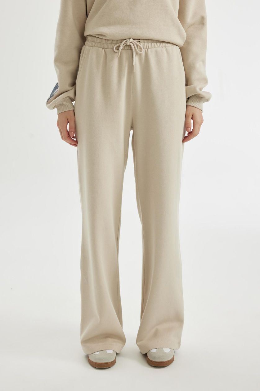 Kadın Kum Wide Leg Geniş Bol Paça Eşofman Altı Beli Lastikli Bağcıklı Cepli Basic Düz