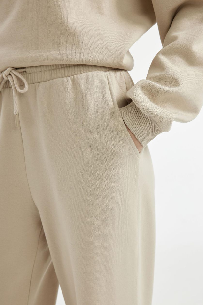 Kadın Kum Wide Leg Geniş Bol Paça Eşofman Altı Beli Lastikli Bağcıklı Cepli Basic Düz