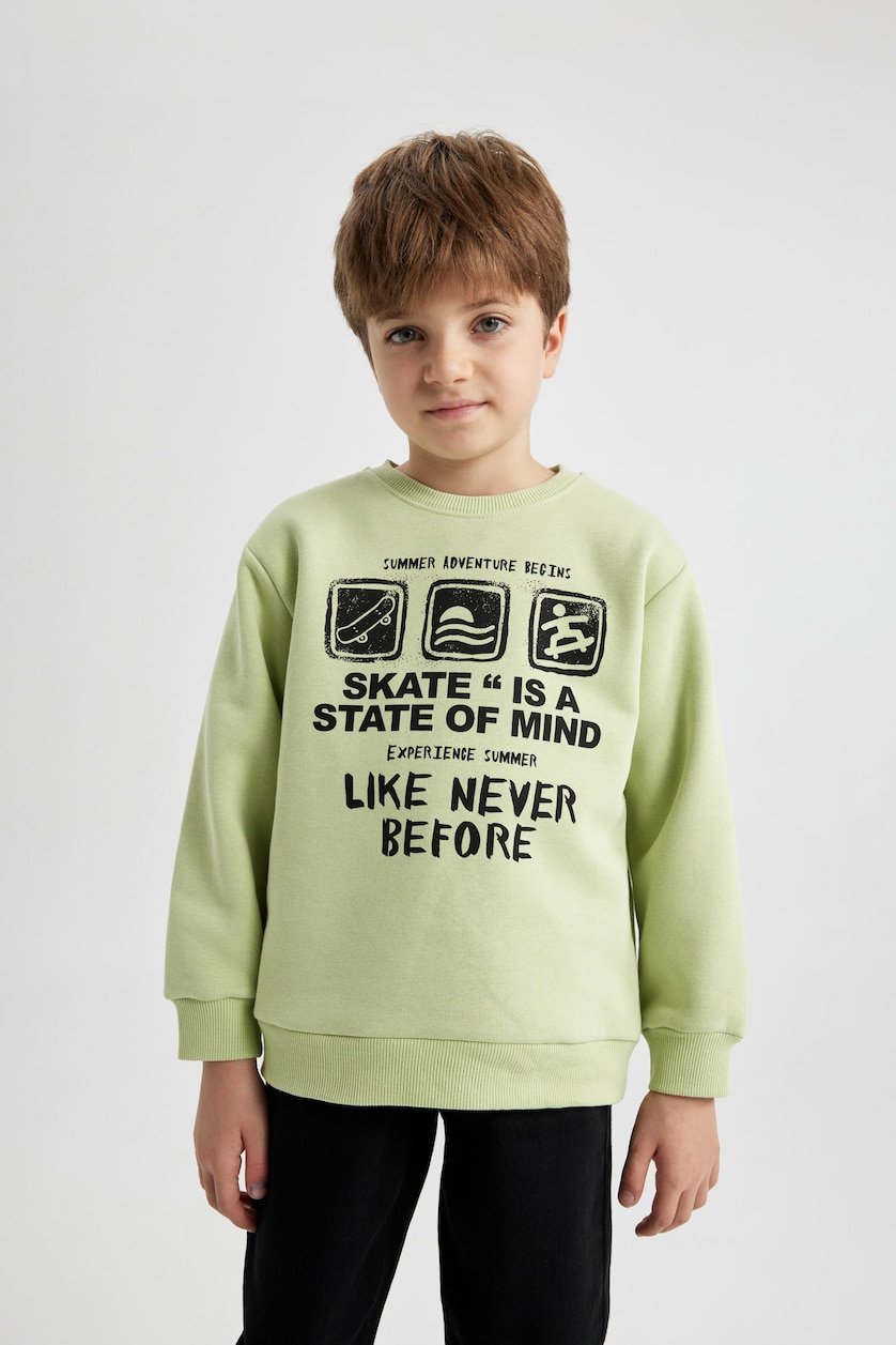 Erkek Çocuk - Genç Erkek Açık Yeşil Baskılı Kalın Sweatshirt Erkek Çocuk