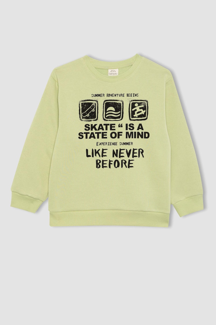 Erkek Çocuk - Genç Erkek Açık Yeşil Baskılı Kalın Sweatshirt Erkek Çocuk