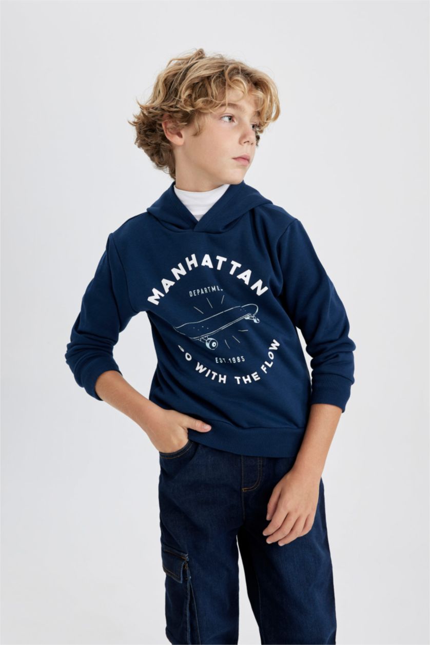 BOYS & TEENS NAVY Boy Printed Hooded Thick Sweatshirt