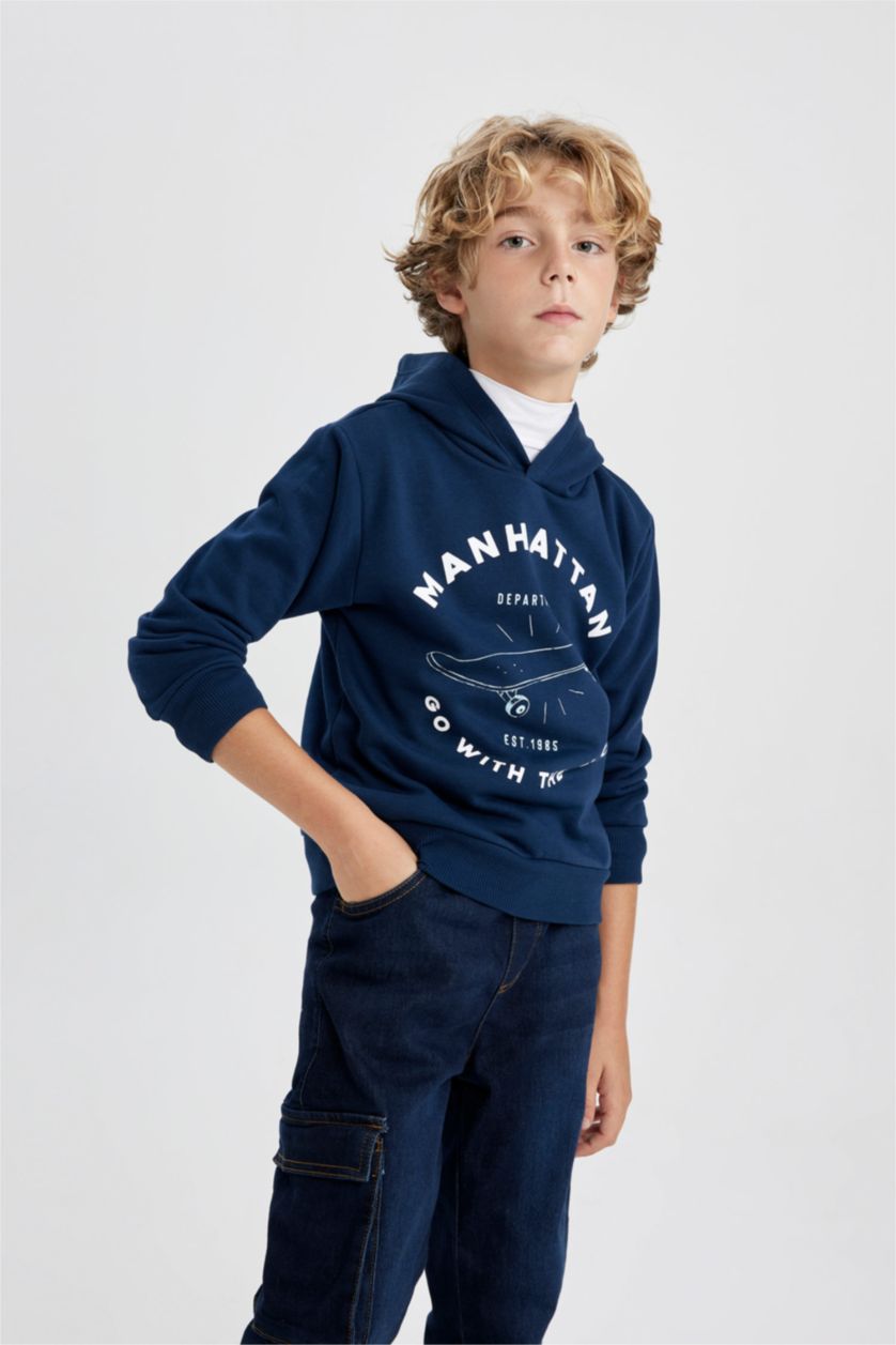 BOYS & TEENS NAVY Boy Printed Hooded Thick Sweatshirt