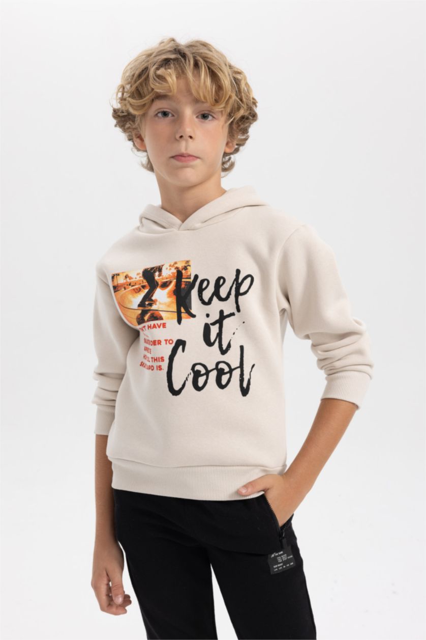 BOYS & TEENS Beige Boy Thick Hooded Sweatshirt