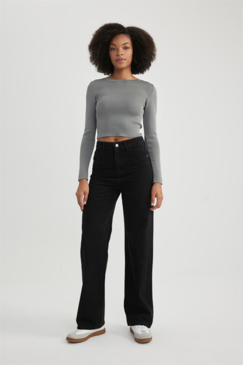 WOMAN Black Wide Leg High Waist Ankle Length Jeans