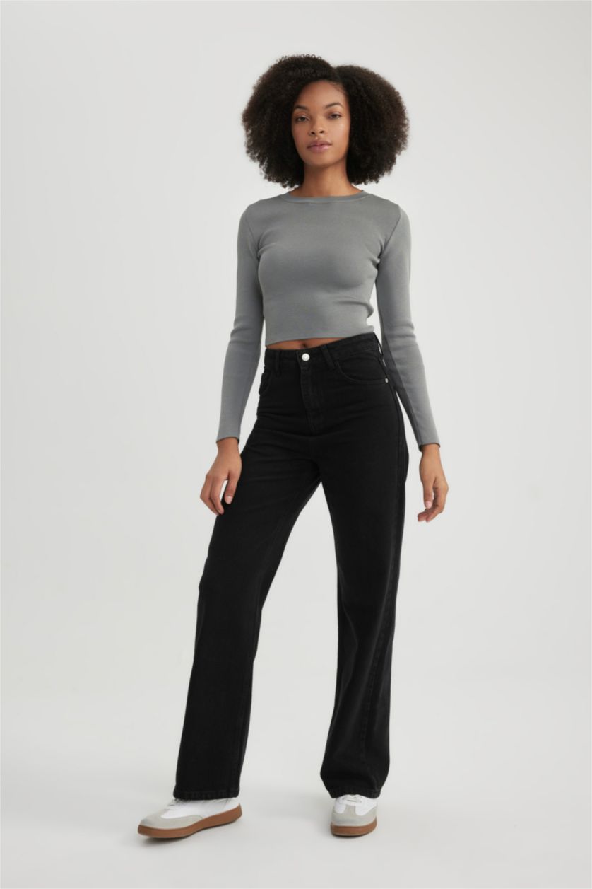 WOMAN Black Wide Leg High Waist Ankle Length Jeans