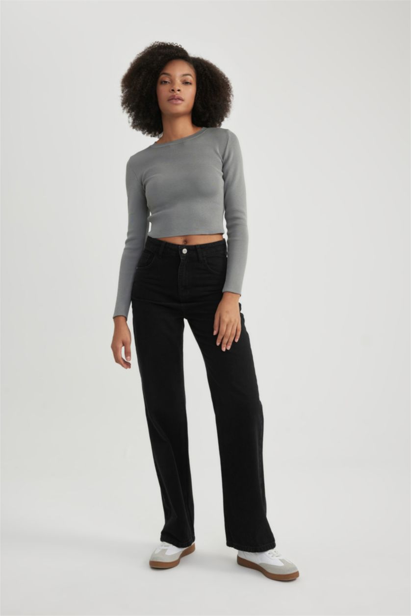 WOMAN Black Wide Leg High Waist Ankle Length Jeans