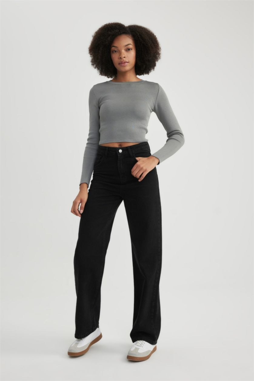 WOMAN Black Wide Leg High Waist Ankle Length Jeans