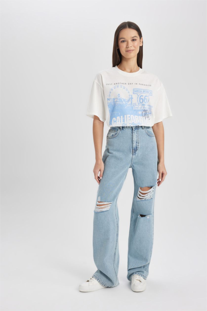 حريمي نيلي فاتح بنطلون جينز وايد ليج برجل واسع وخصر عالي