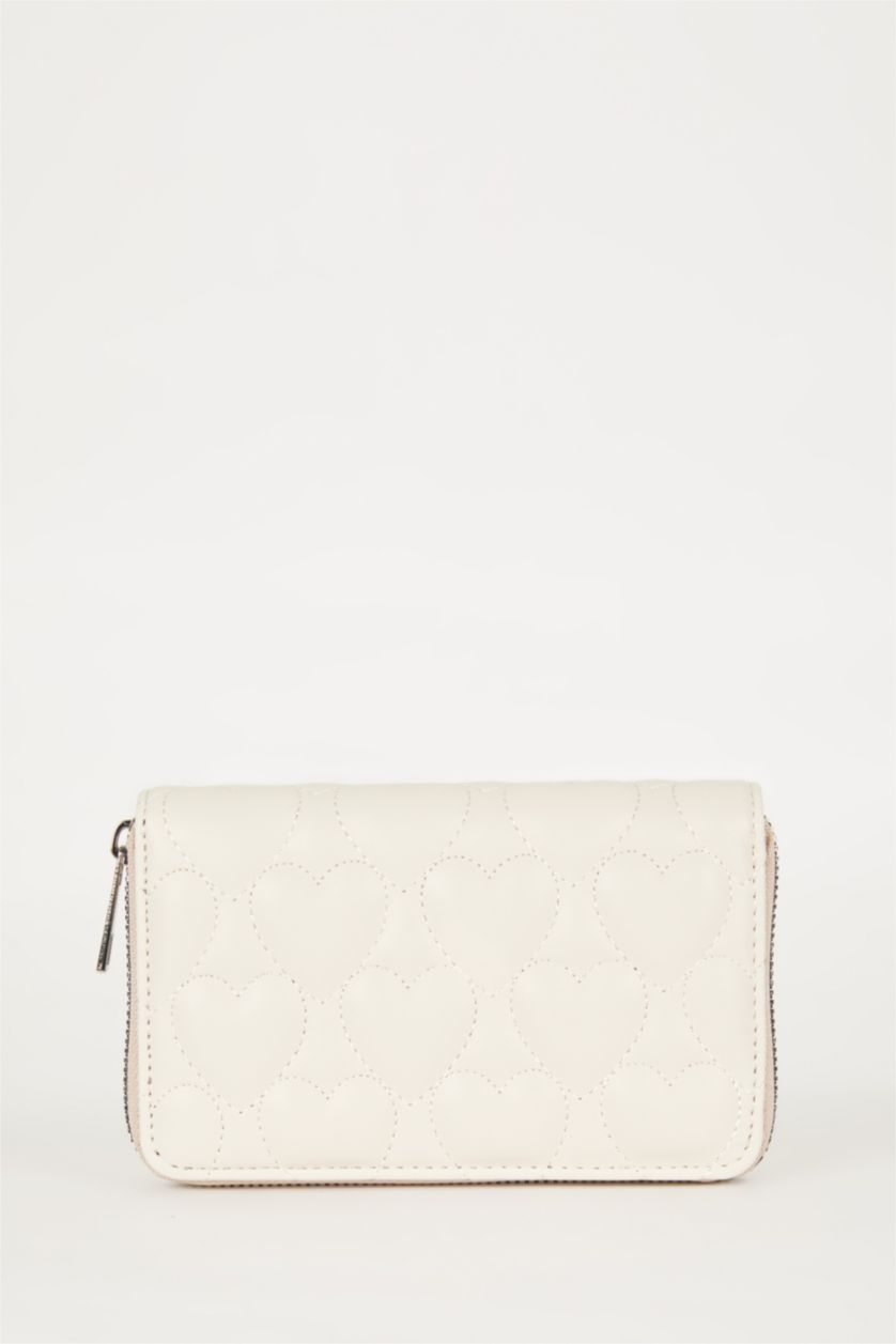 Kadın Bej Kadın Kalp Desenli Suni Deri Cüzdan