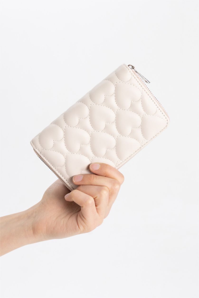 Kadın Bej Kadın Kalp Desenli Suni Deri Cüzdan