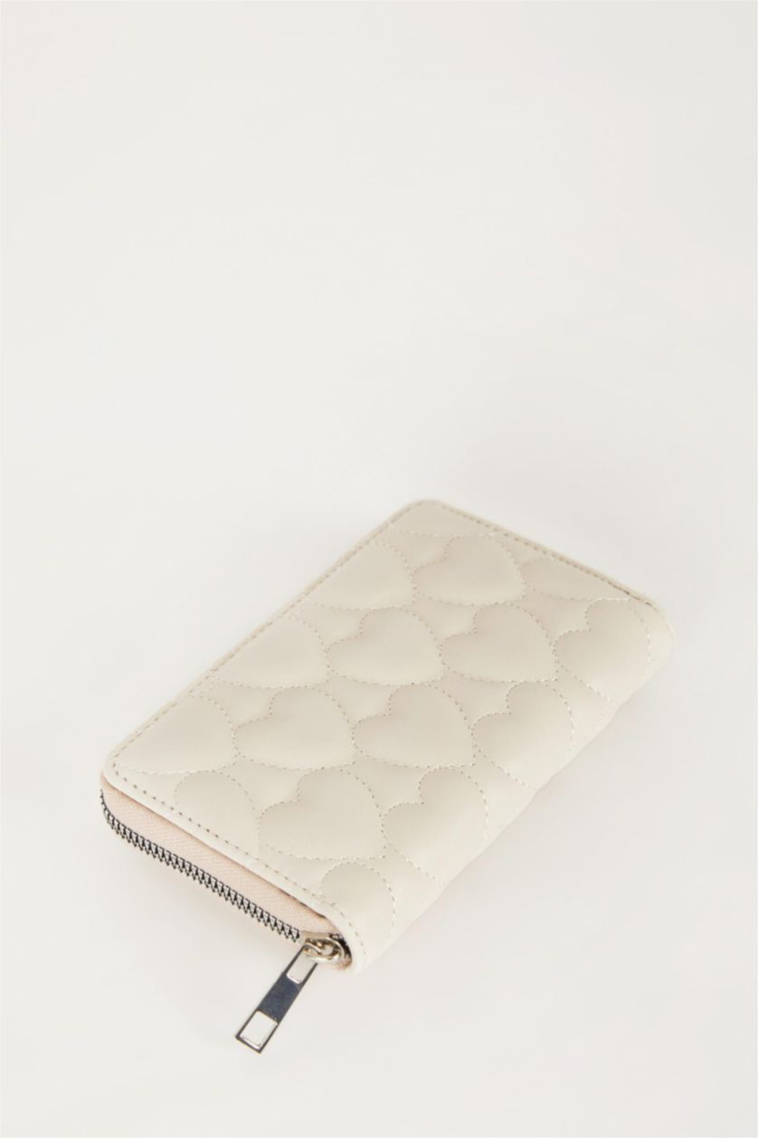 Kadın Bej Kadın Kalp Desenli Suni Deri Cüzdan