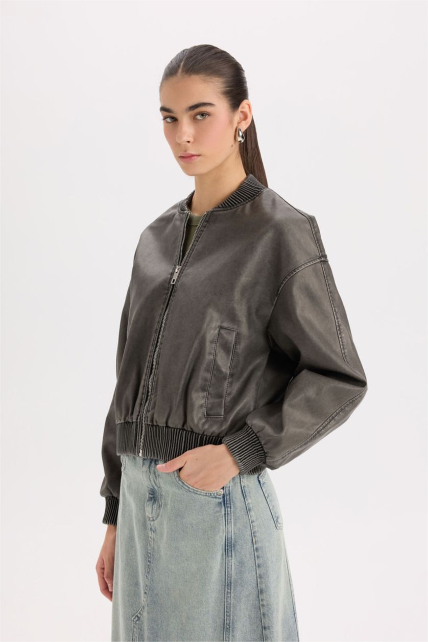 Woman Grey Faux Leather Jacket