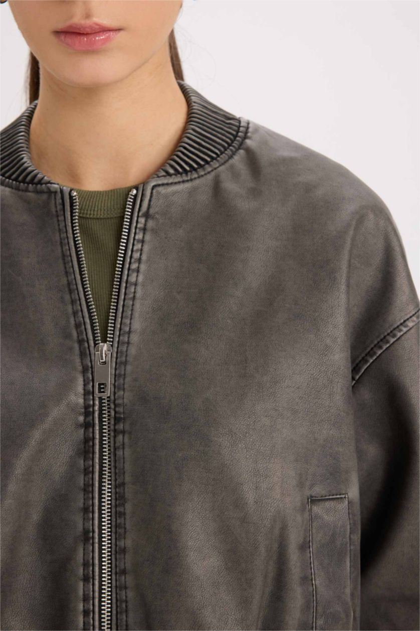 Woman Grey Faux Leather Jacket
