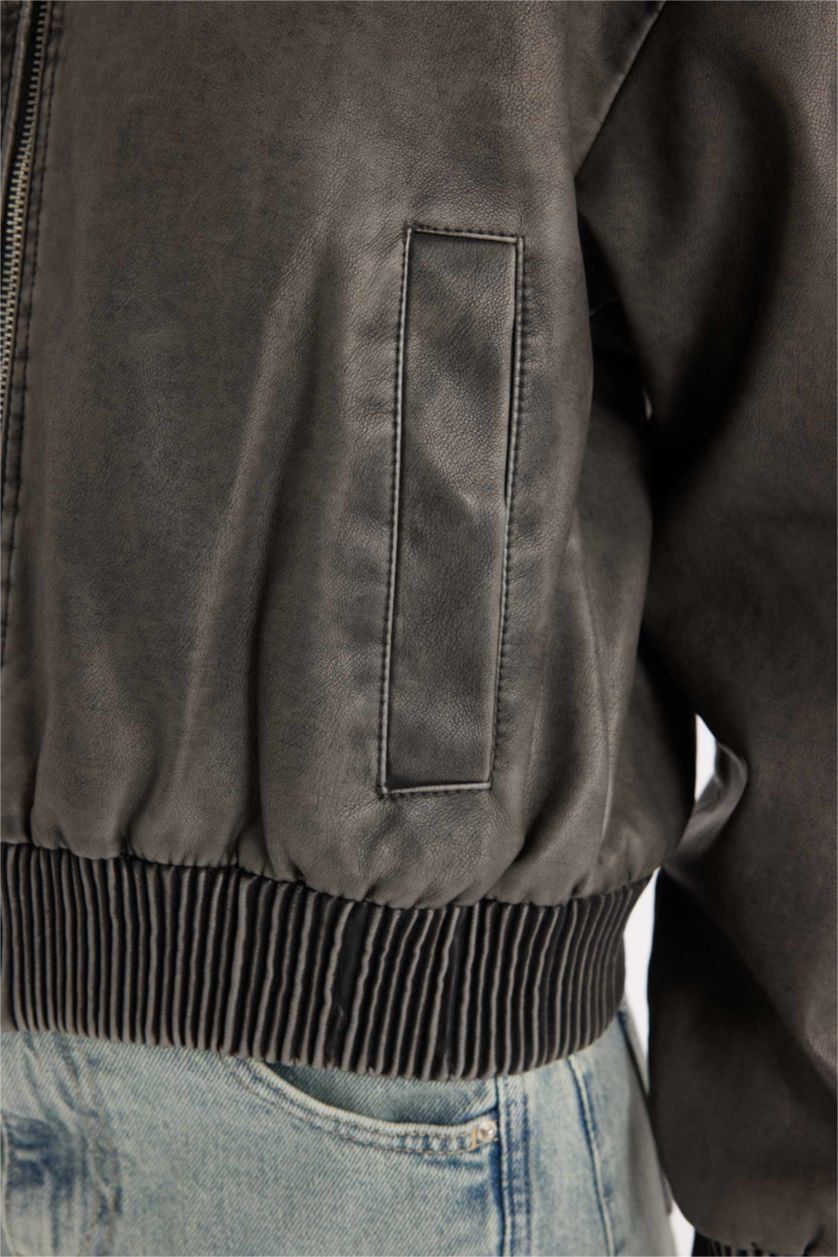 Woman Grey Faux Leather Jacket