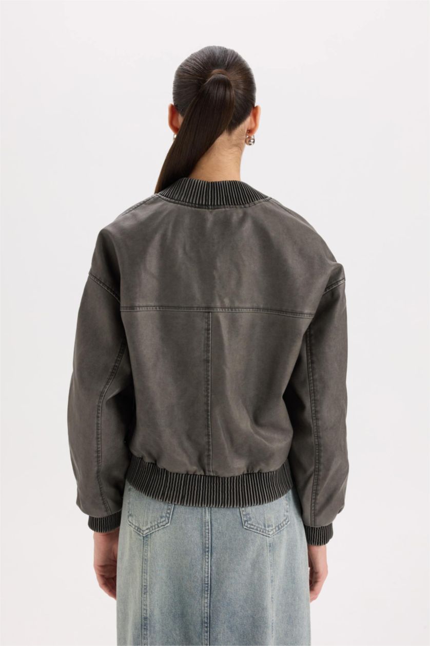 Woman Grey Faux Leather Jacket