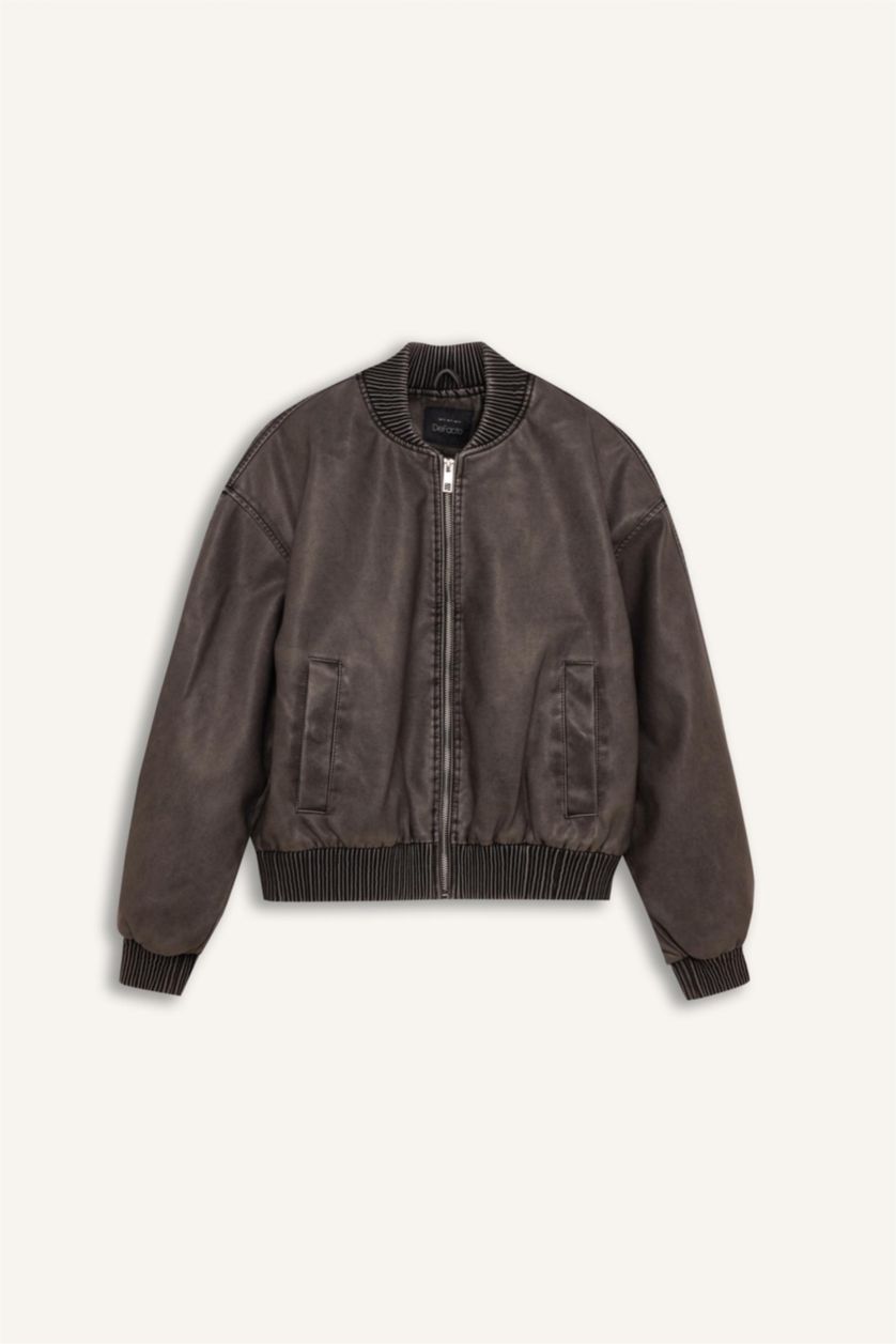 Woman Grey Faux Leather Jacket