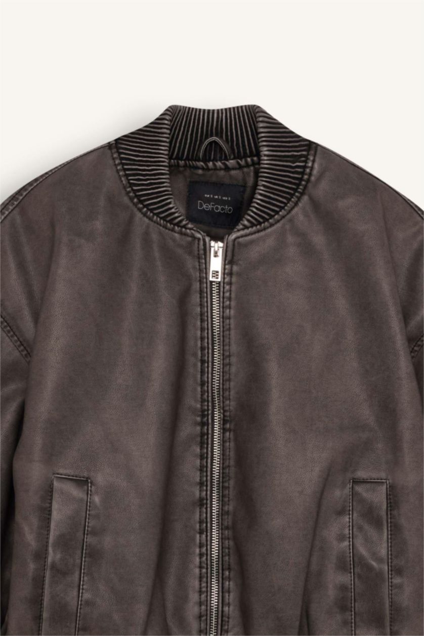 Woman Grey Faux Leather Jacket