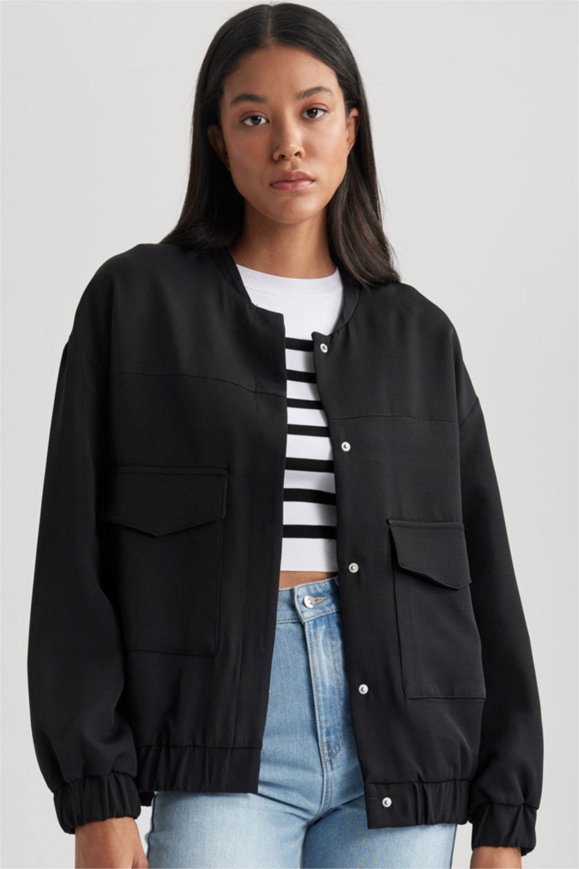 WOMAN Black Waterproof College Collar Basic Bomber Jacket