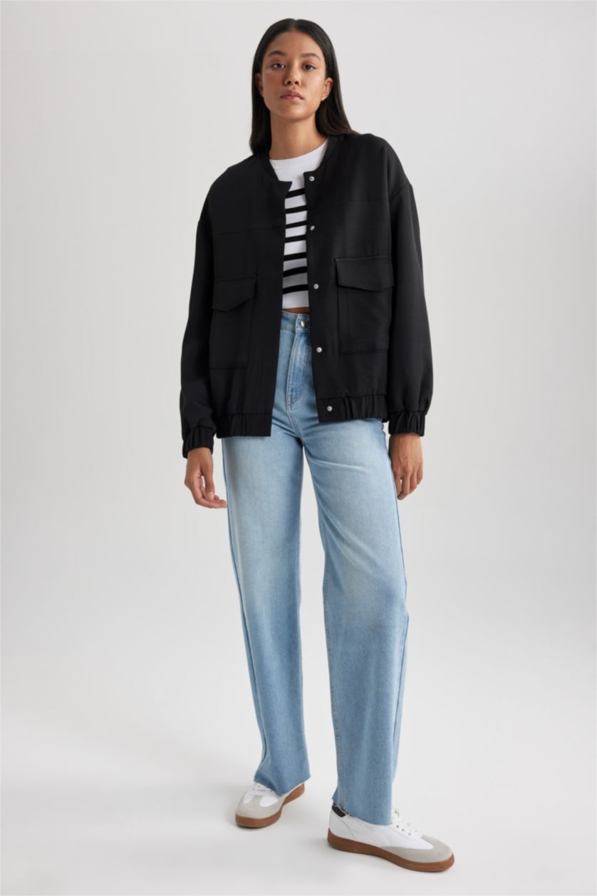 WOMAN Black Waterproof College Collar Basic Bomber Jacket