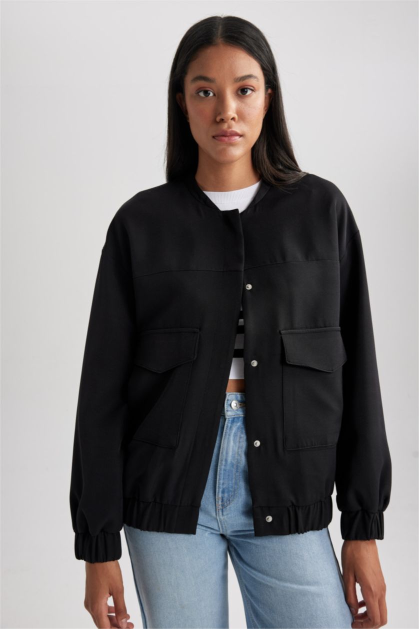 WOMAN Black Waterproof College Collar Basic Bomber Jacket