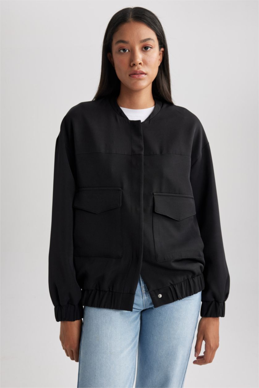 WOMAN Black Waterproof College Collar Basic Bomber Jacket