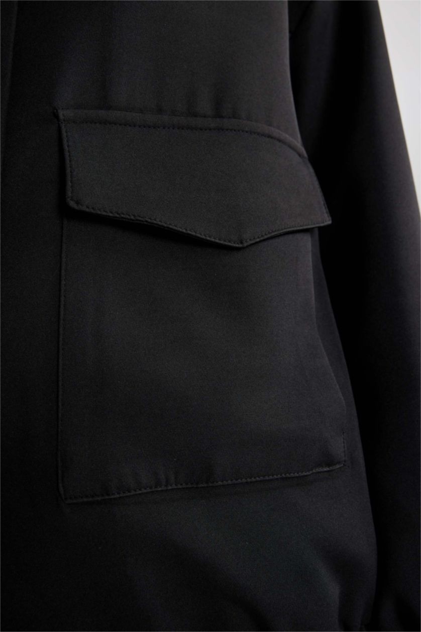 WOMAN Black Waterproof College Collar Basic Bomber Jacket