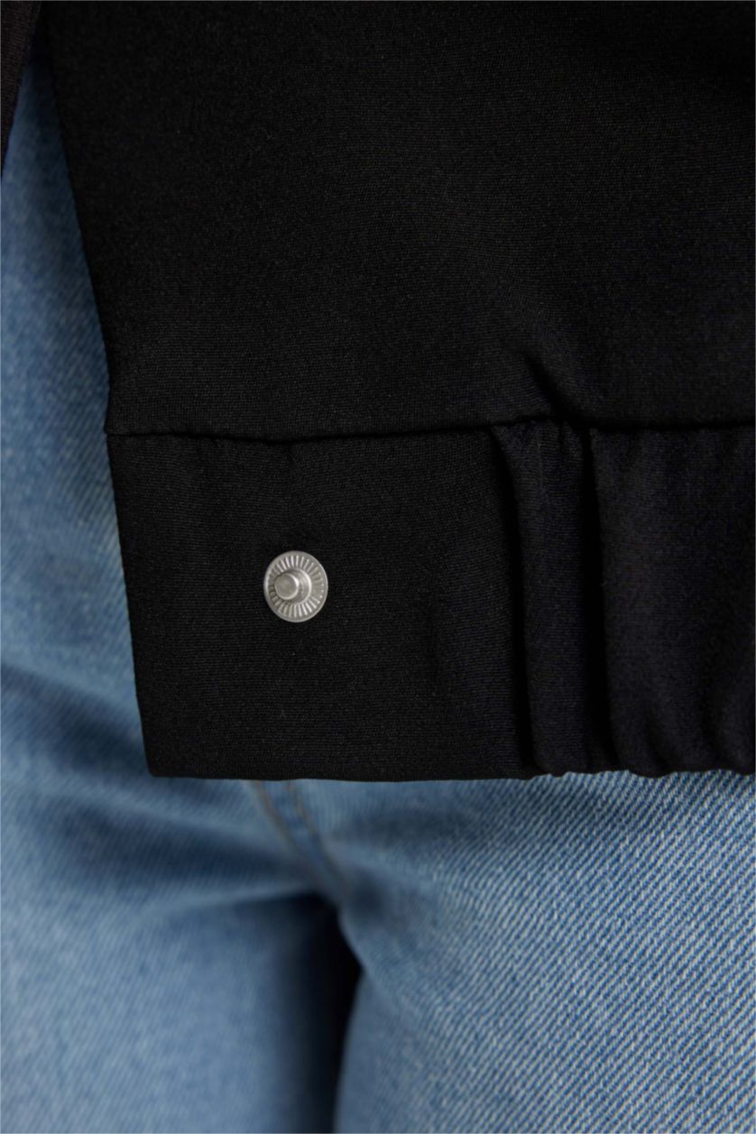 WOMAN Black Waterproof College Collar Basic Bomber Jacket