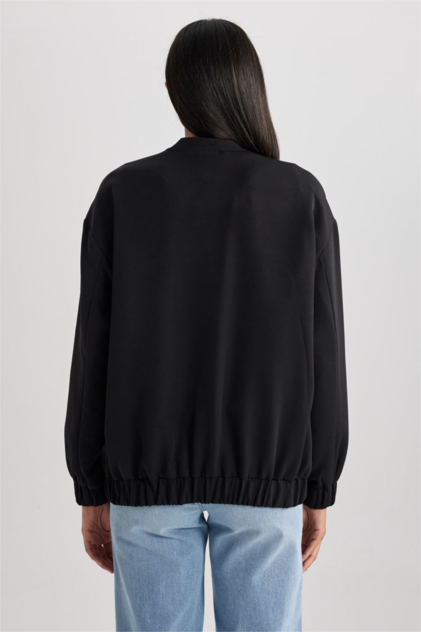 WOMAN Black Waterproof College Collar Basic Bomber Jacket