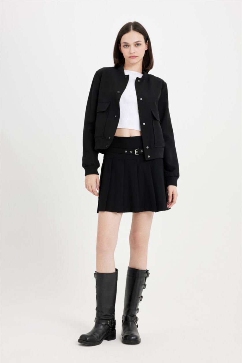 Kadın Siyah Su İtici Kolej Yaka Rüzgar Geçirmez Çıtçıt Kapamalı Cepli Kısa Bomber Ceket