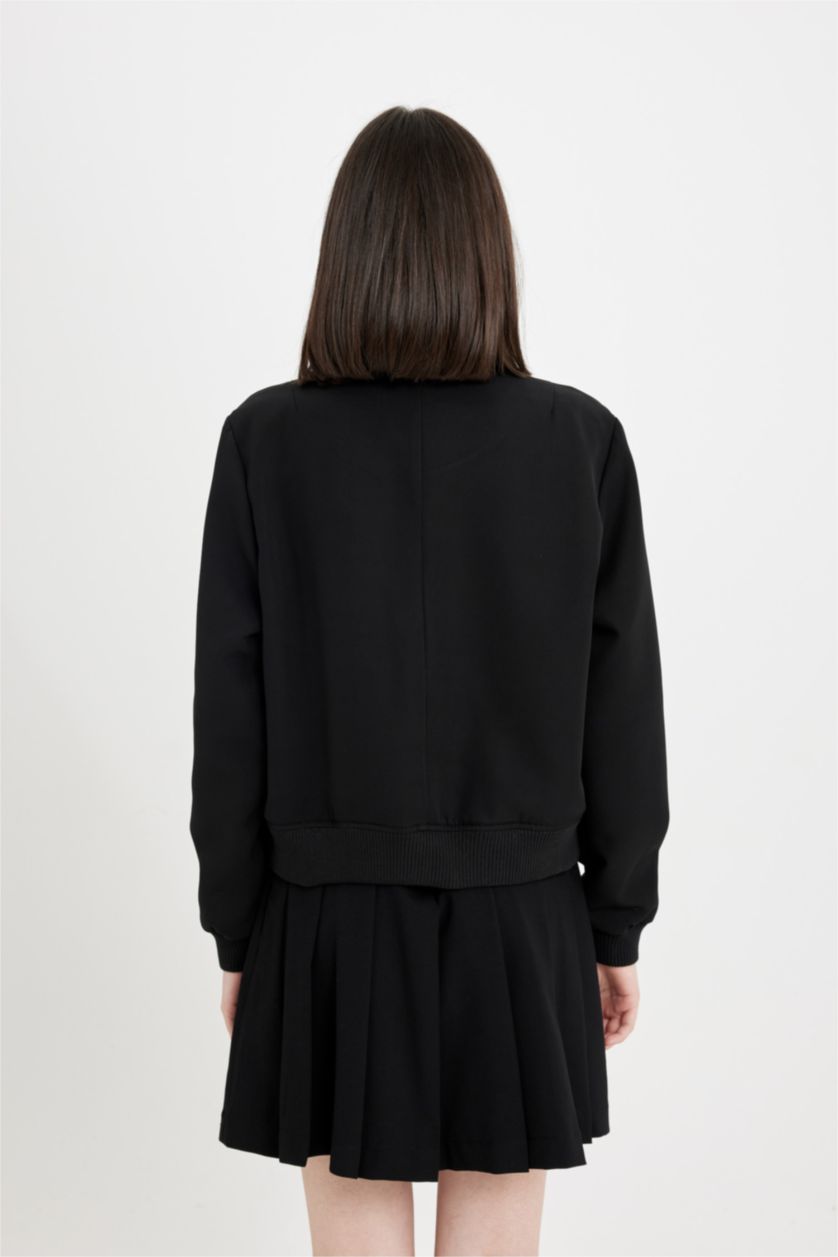 Kadın Siyah Su İtici Kolej Yaka Rüzgar Geçirmez Çıtçıt Kapamalı Cepli Kısa Bomber Ceket