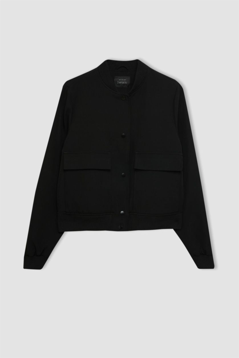 Kadın Siyah Su İtici Kolej Yaka Rüzgar Geçirmez Çıtçıt Kapamalı Cepli Kısa Bomber Ceket