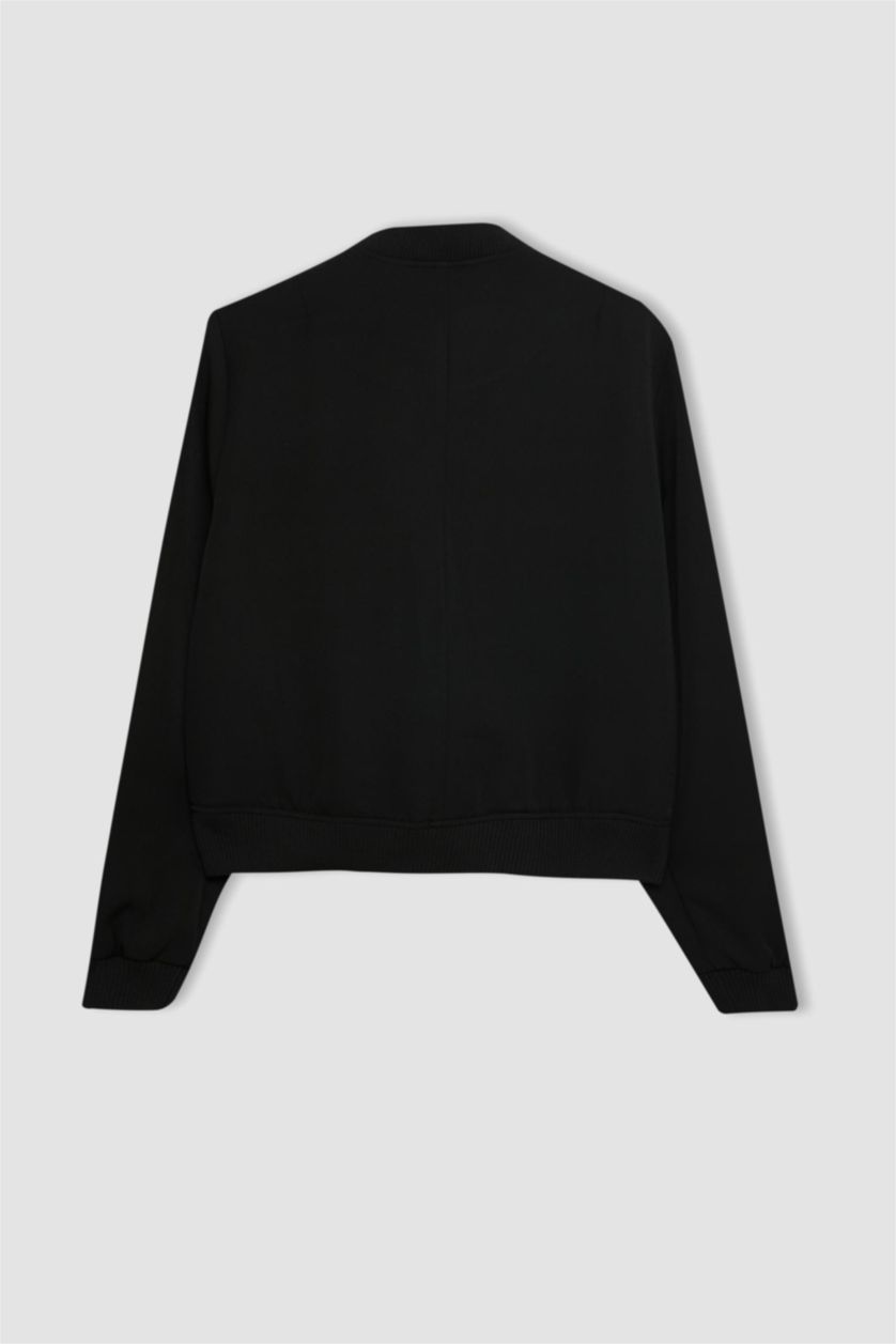 Kadın Siyah Su İtici Kolej Yaka Rüzgar Geçirmez Çıtçıt Kapamalı Cepli Kısa Bomber Ceket