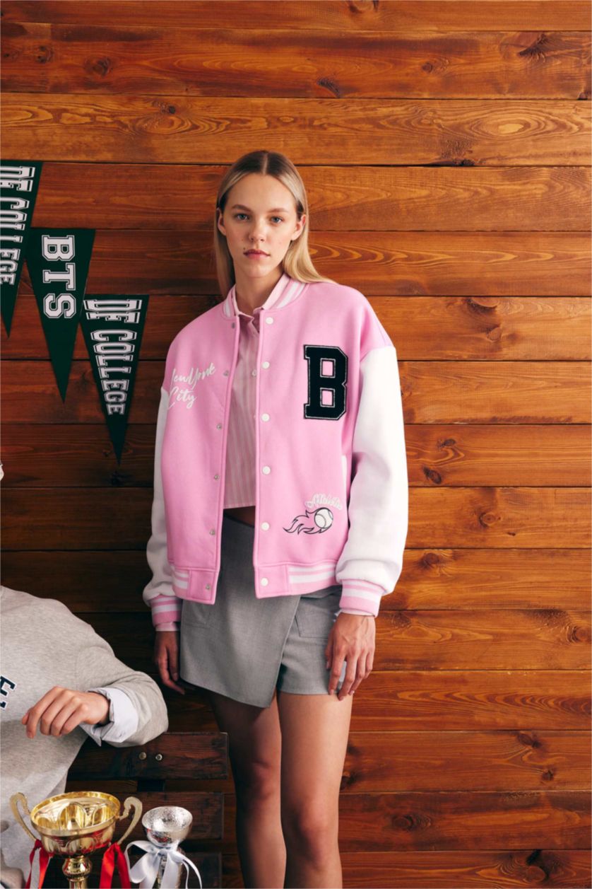 WOMAN Pink Coool Oversize Fit Thick Sweatshirt Fabric Bomber Jacket