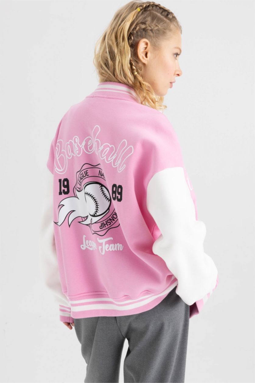 WOMAN Pink Coool Oversize Fit Thick Sweatshirt Fabric Bomber Jacket