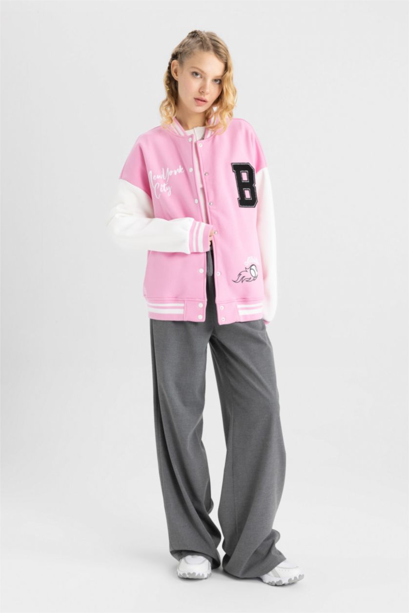 WOMAN Pink Coool Oversize Fit Thick Sweatshirt Fabric Bomber Jacket