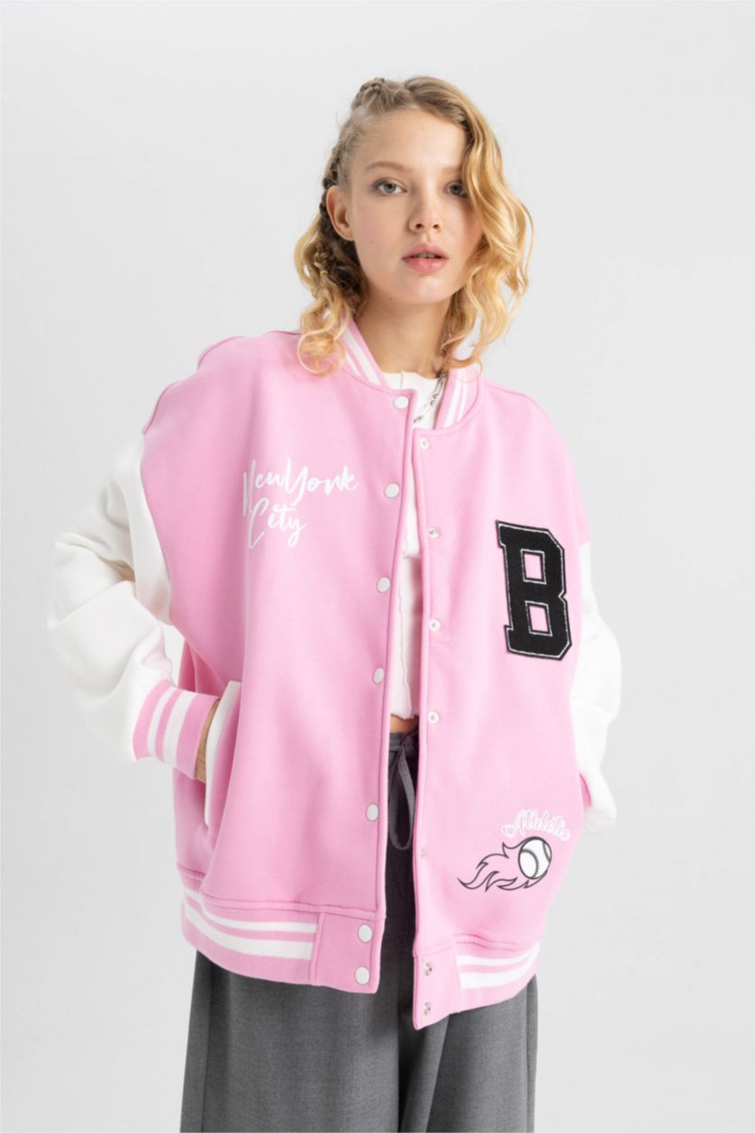WOMAN Pink Coool Oversize Fit Thick Sweatshirt Fabric Bomber Jacket