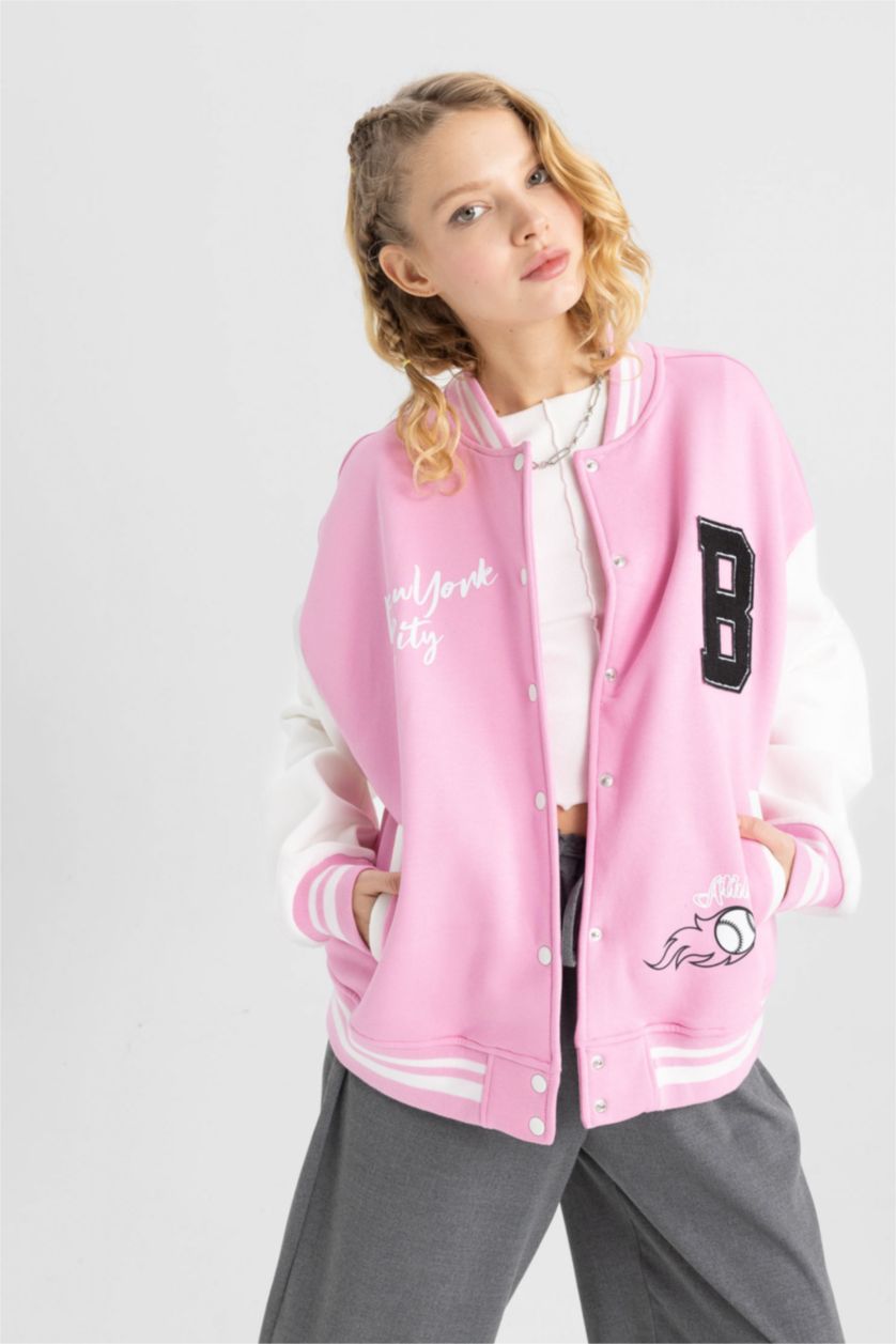 WOMAN Pink Coool Oversize Fit Thick Sweatshirt Fabric Bomber Jacket