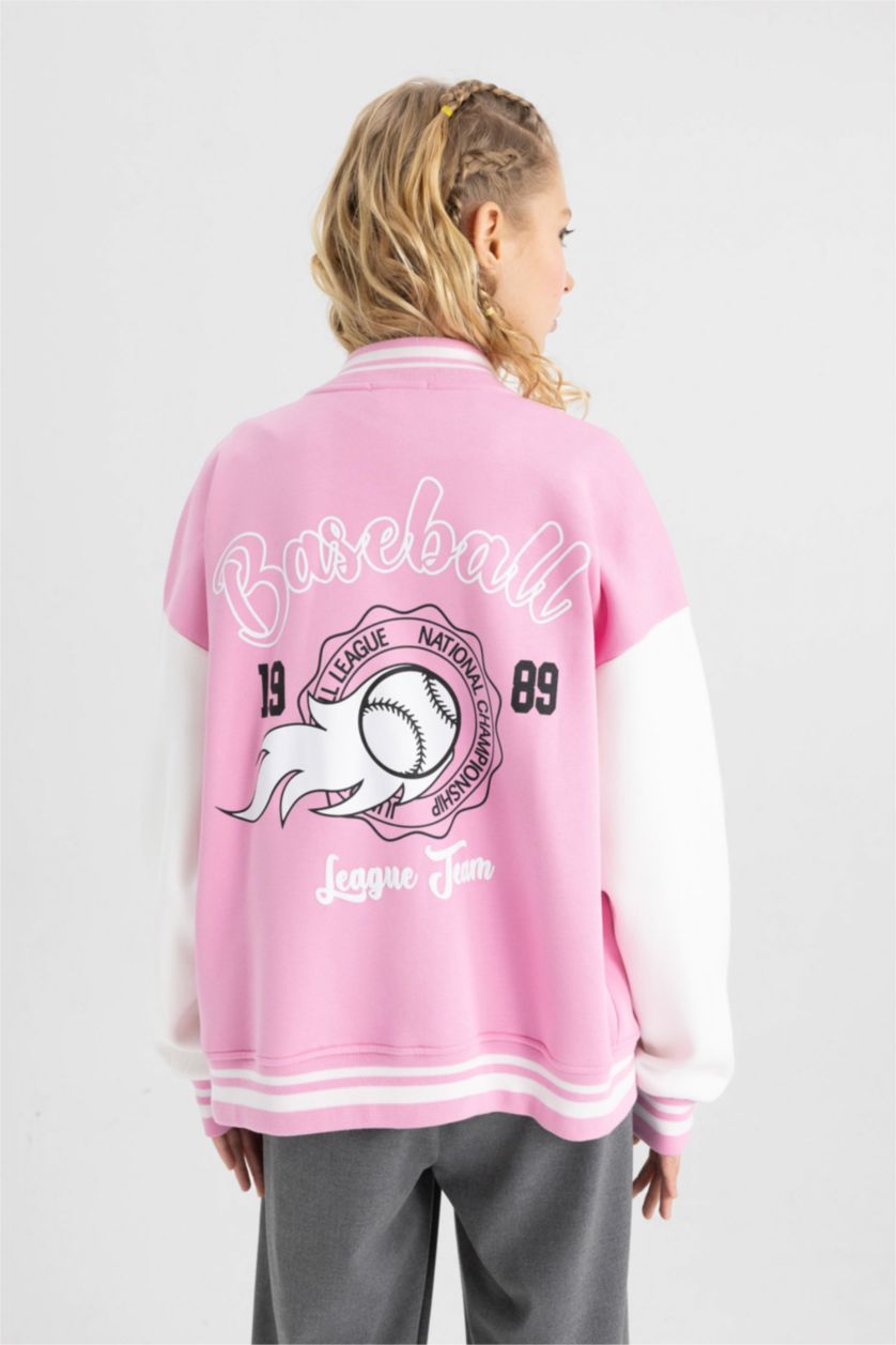 WOMAN Pink Coool Oversize Fit Thick Sweatshirt Fabric Bomber Jacket