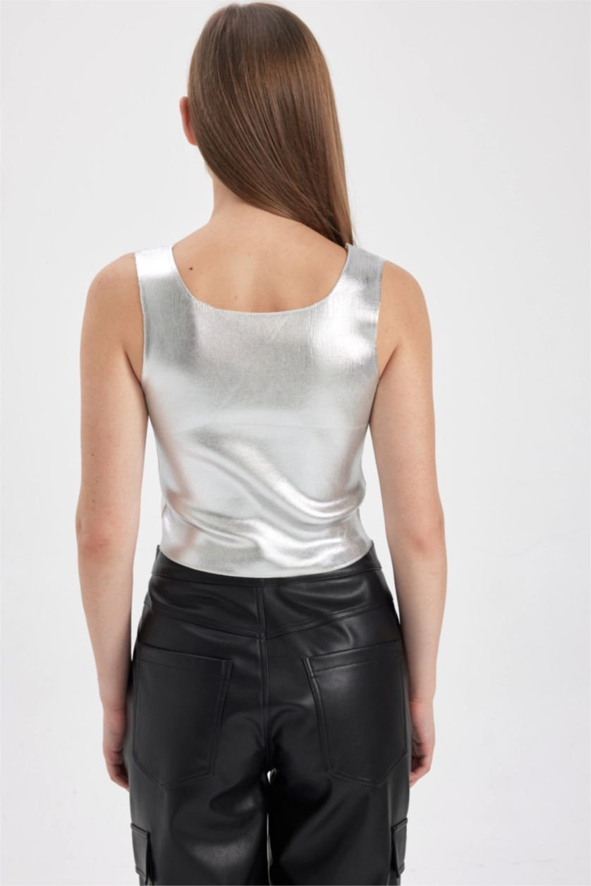 Kadın Gri V Yaka Parlak Triko Atlet