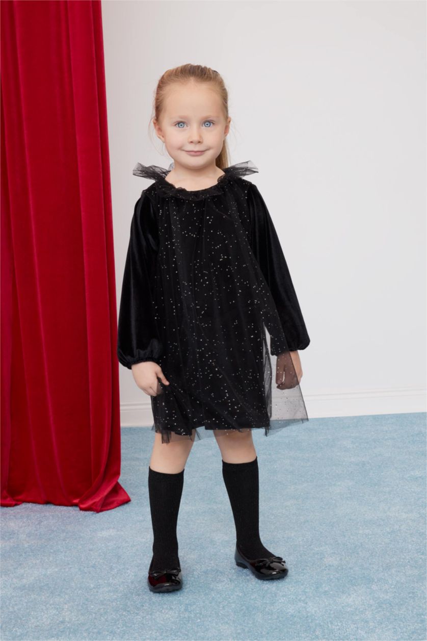Kız Bebek Siyah Yılbaşı Temalı Puantiye Uzun Kollu Kadife Elbise Kız Bebek